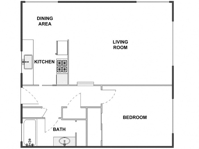 Floor plan for 1 bed, 1 bath, 800 sqft
